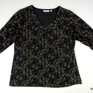 Susan Garver Floral Print Long Sleeve 3/4 Blouse Black Women's Large